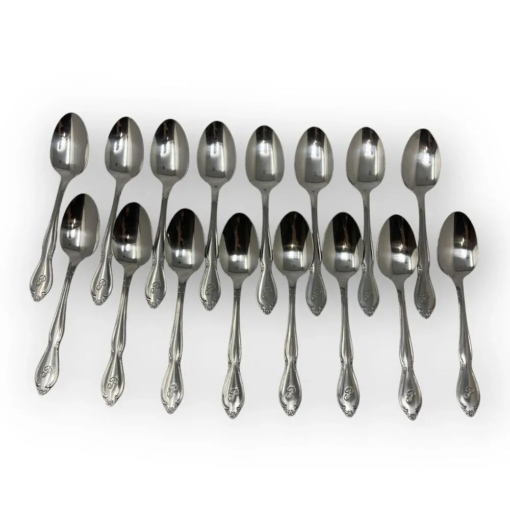 Lot of 16 Custom Craft Stainless Steel Flatware Spoon Spoons Korea Monogram P 6